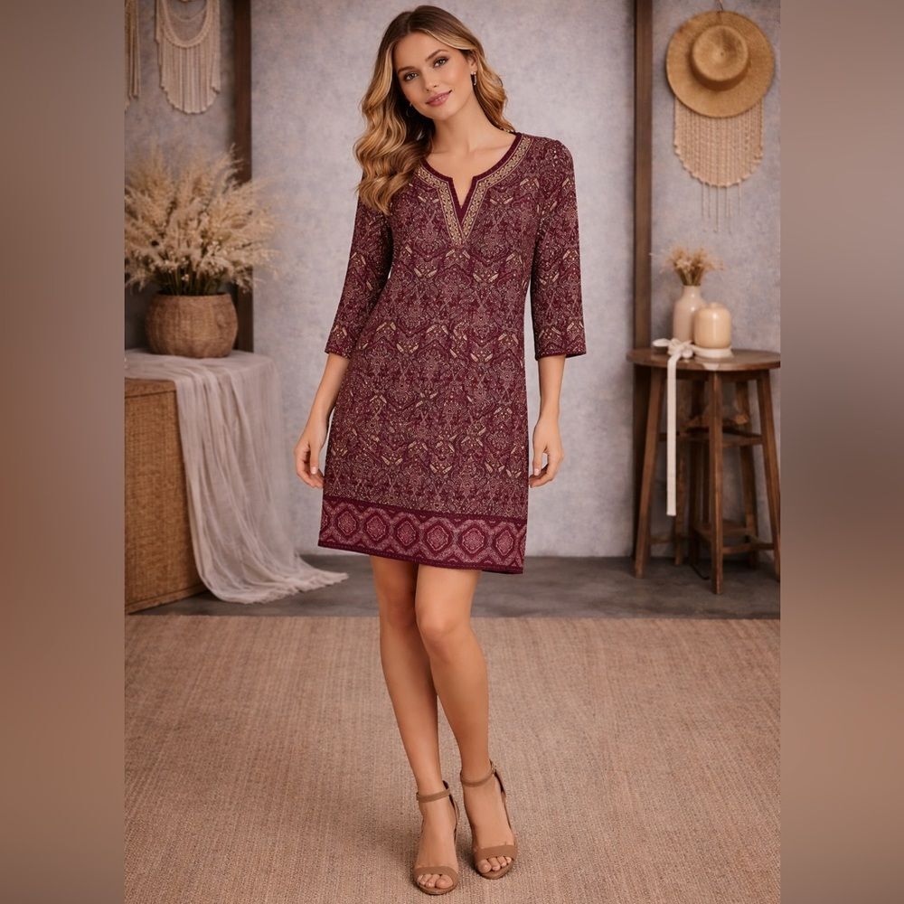 Magnolia Grace Size Large Paisley Print Zuri Embroidered Knit‎ Dress